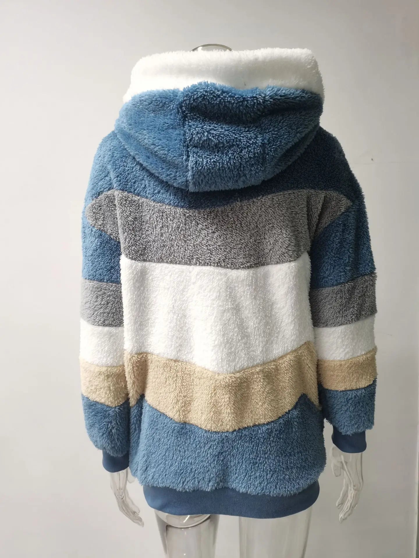 Omniarch Women’s Fleece Hoodie Coat | Striped Patchwork Cardigan