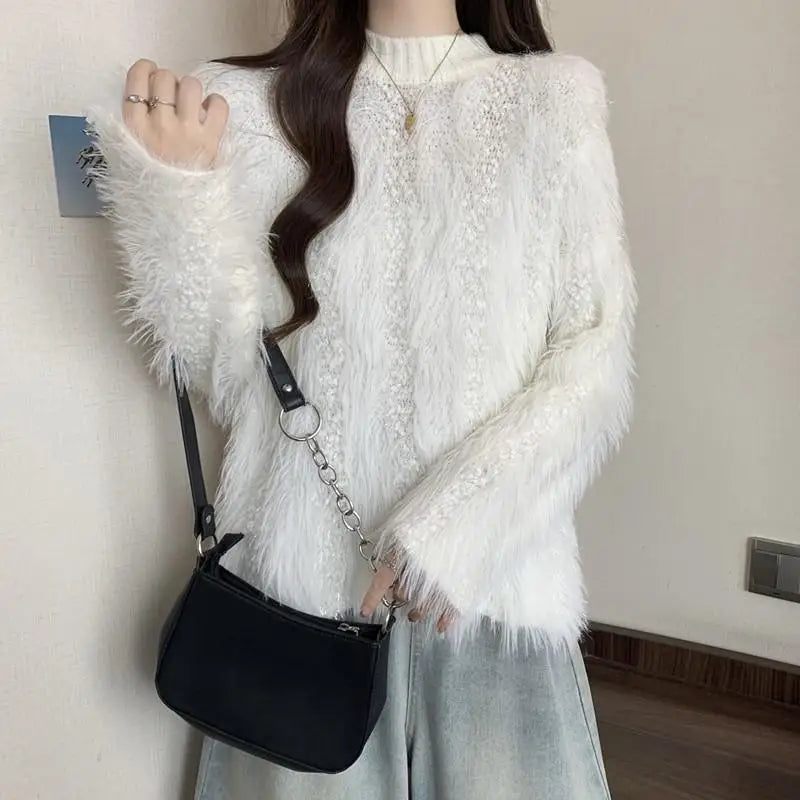 Furry Semi-turtle Neck Women's Long-sleeved Sweater in Autumn and Winter