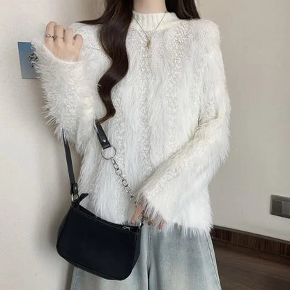 Furry Semi-turtle Neck Women's Long-sleeved Sweater in Autumn and Winter