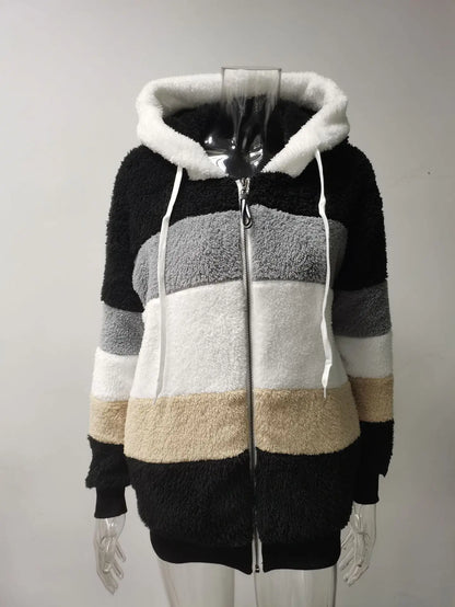 Omniarch Women’s Fleece Hoodie Coat | Striped Patchwork Cardigan