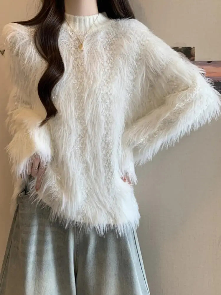 Furry Semi-turtle Neck Women's Long-sleeved Sweater in Autumn and Winter
