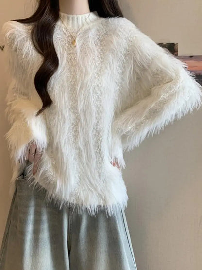 Furry Semi-turtle Neck Women's Long-sleeved Sweater in Autumn and Winter