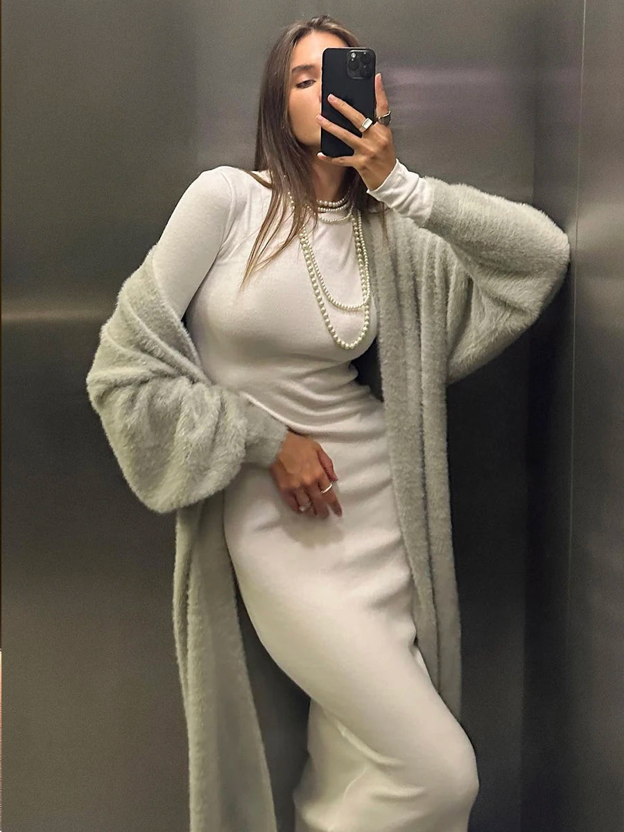 Hirsionsan 2024 Soft Knitted Set Women Autumn Winter Casual Long Sweater Cardigan with Belt & Vest Midi Dresses Solid Tracksuit