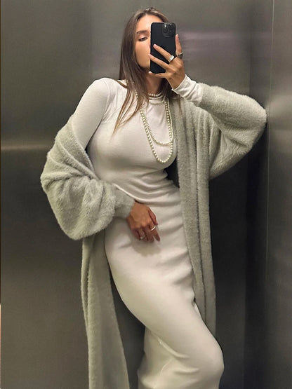 Hirsionsan 2024 Soft Knitted Set Women Autumn Winter Casual Long Sweater Cardigan with Belt & Vest Midi Dresses Solid Tracksuit