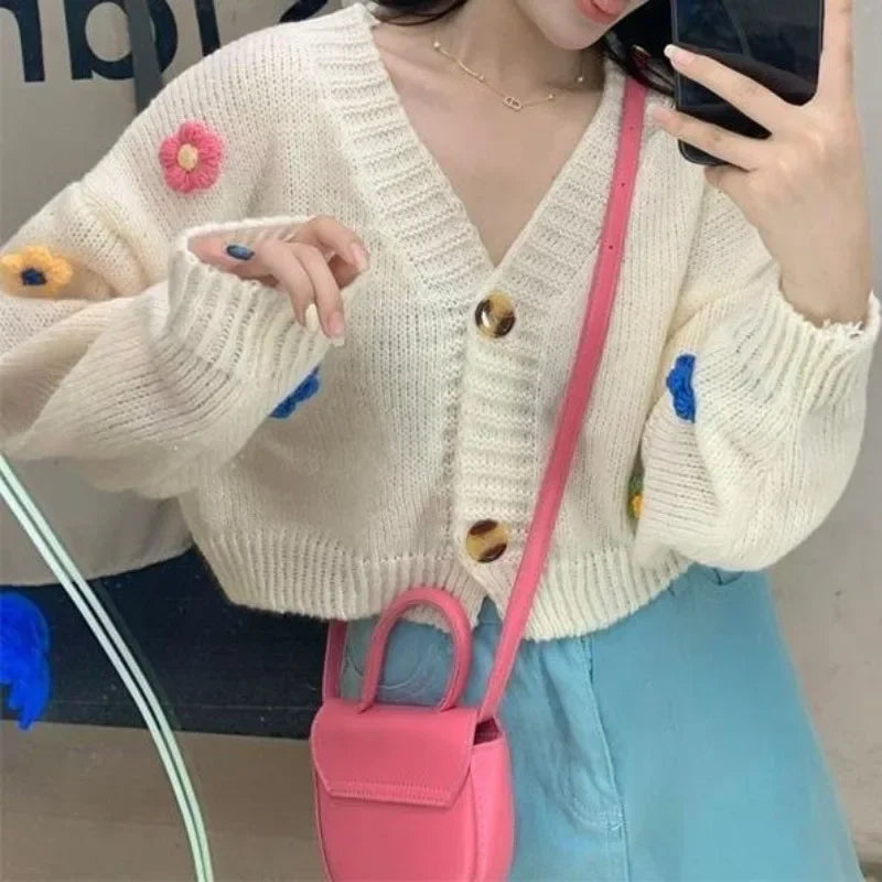 Omniarch Women’s Flower Knit Cardigan Colorful Autumn Crop Sweater