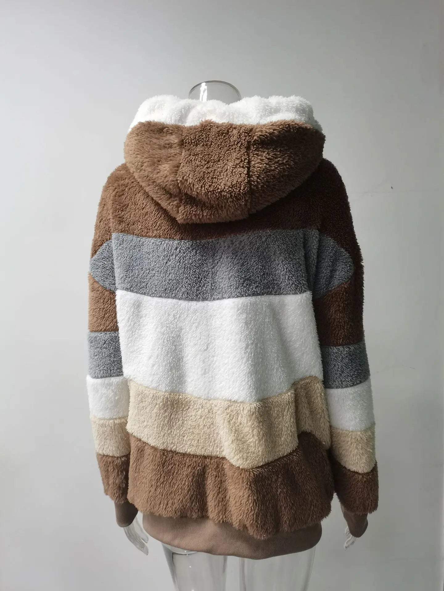 Omniarch Women’s Fleece Hoodie Coat | Striped Patchwork Cardigan