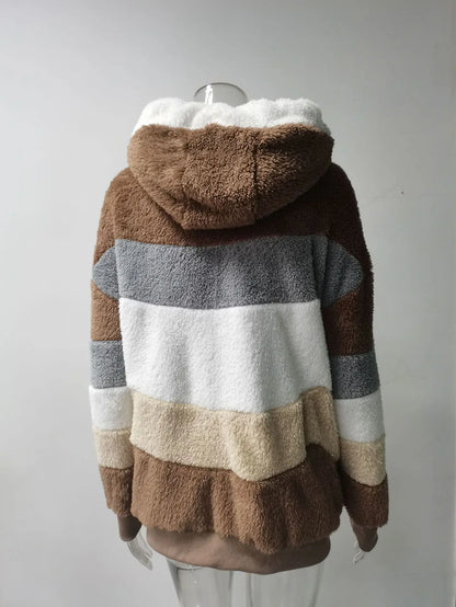 Omniarch Women’s Fleece Hoodie Coat | Striped Patchwork Cardigan