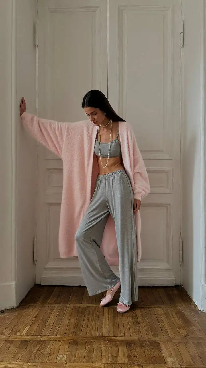 Hirsionsan 2024 Soft Knitted Set Women Autumn Winter Casual Long Sweater Cardigan with Belt & Vest Midi Dresses Solid Tracksuit
