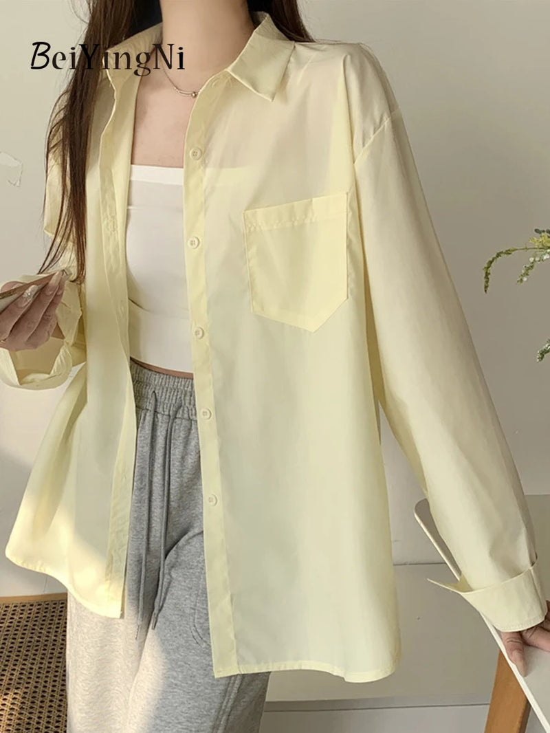 Effortlessly Chic  2024 Spring Autumn Women's Oversized White Blouse with Pockets - Trendy Korean Style Top