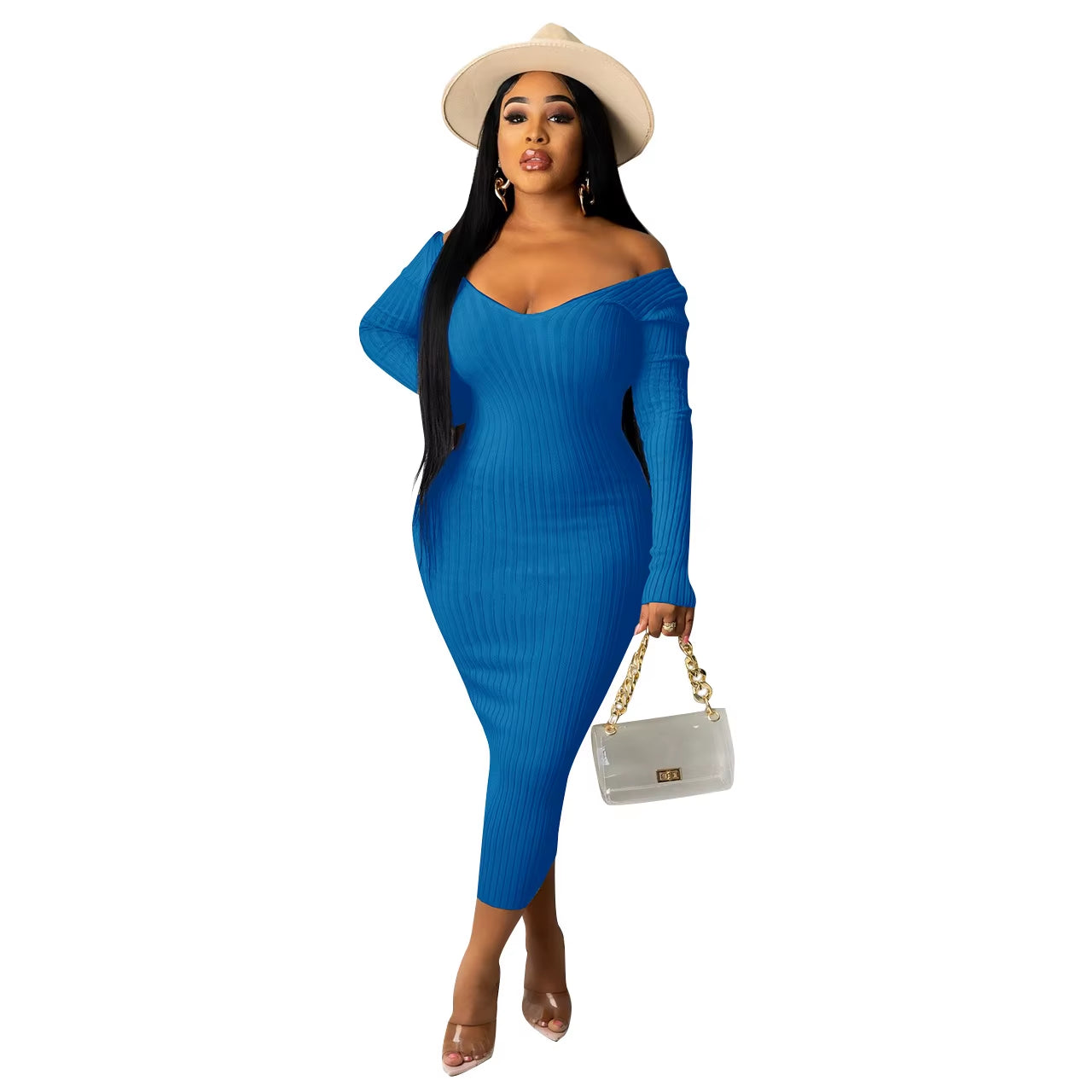 Chic Women's Autumn V-Neck Ribbed Maxi Dress - Sexy Slim Fit Bodycon for Winter