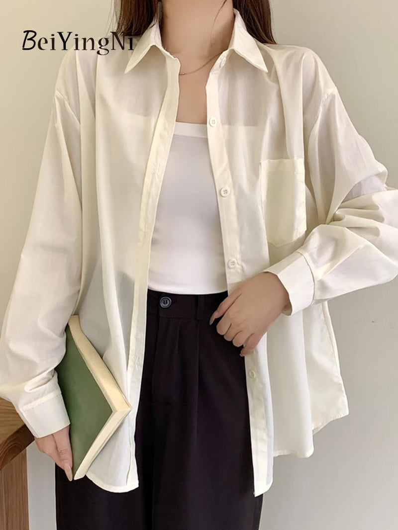 Effortlessly Chic  2024 Spring Autumn Women's Oversized White Blouse with Pockets - Trendy Korean Style Top