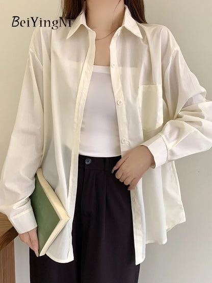 Effortlessly Chic  2024 Spring Autumn Women's Oversized White Blouse with Pockets - Trendy Korean Style Top