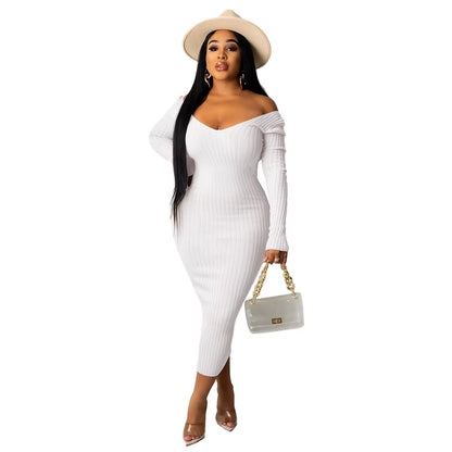 Chic Women's Autumn V-Neck Ribbed Maxi Dress - Sexy Slim Fit Bodycon for Winter