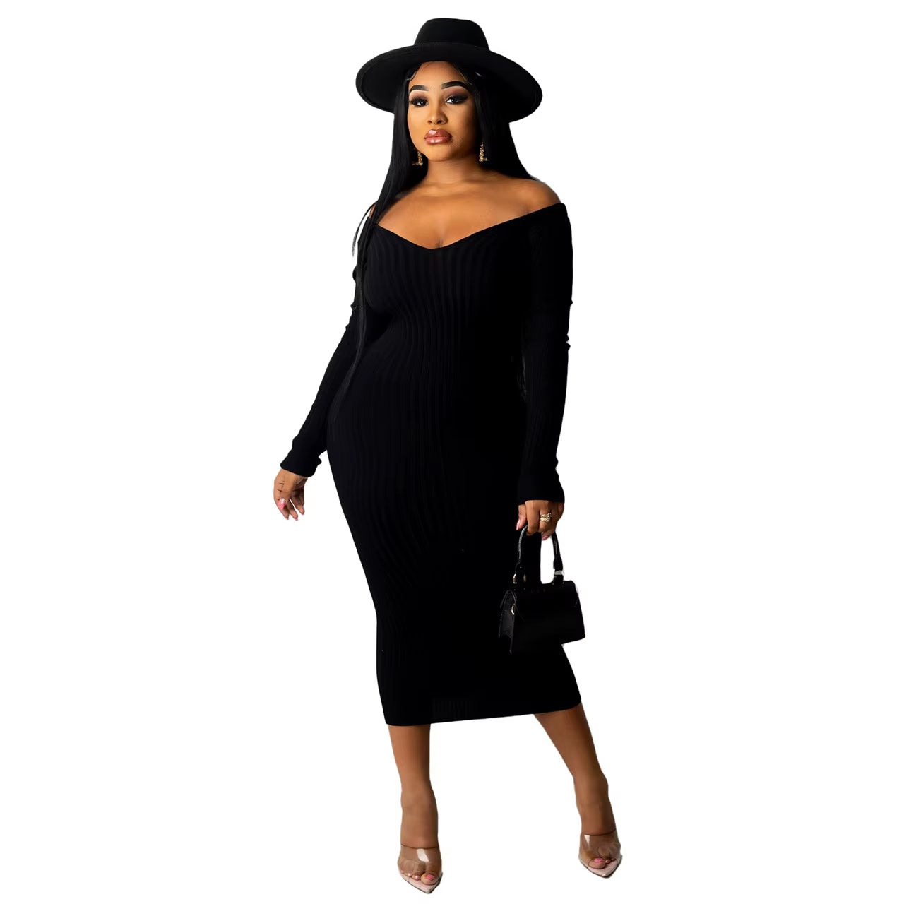 Chic Women's Autumn V-Neck Ribbed Maxi Dress - Sexy Slim Fit Bodycon for Winter