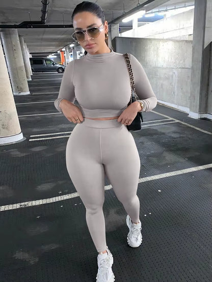 2022 Autumn Winter Women Sport Fitness 2 Two Piece Set Outfits Long Sleeve Solid Crop Tops Leggings Pants Set Bodycon Tracksuit