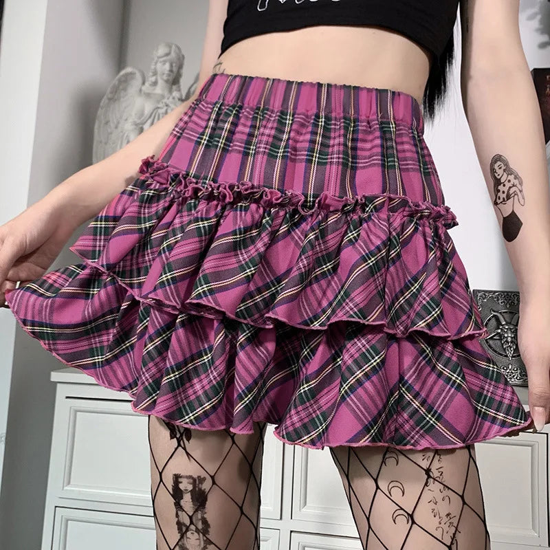 Pink Skirt Japanese College Style Youth Girl Plaid Skirt Female High Waist Slim Lolita Cosplay Y2K Skirt Goth Skirt