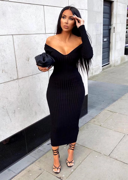 Chic Women's Autumn V-Neck Ribbed Maxi Dress - Sexy Slim Fit Bodycon for Winter