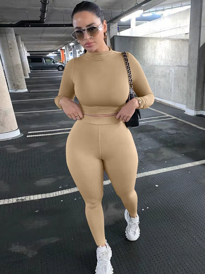 2022 Autumn Winter Women Sport Fitness 2 Two Piece Set Outfits Long Sleeve Solid Crop Tops Leggings Pants Set Bodycon Tracksuit