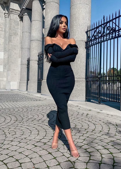 Chic Women's Autumn V-Neck Ribbed Maxi Dress - Sexy Slim Fit Bodycon for Winter