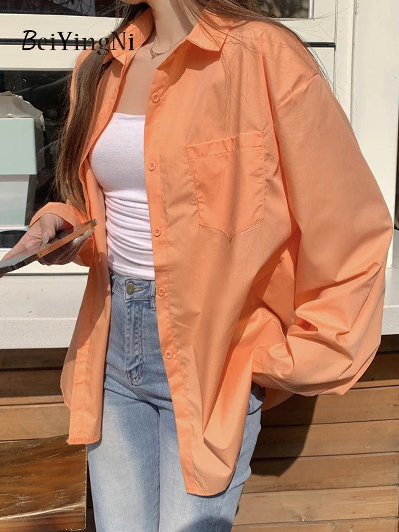 Effortlessly Chic  2024 Spring Autumn Women's Oversized White Blouse with Pockets - Trendy Korean Style Top