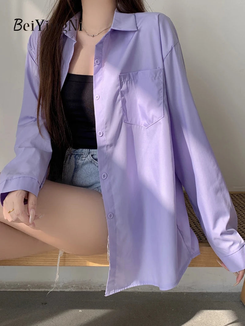 Effortlessly Chic  2024 Spring Autumn Women's Oversized White Blouse with Pockets - Trendy Korean Style Top
