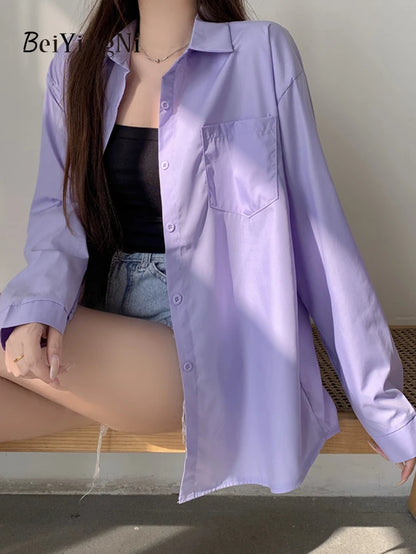 Effortlessly Chic  2024 Spring Autumn Women's Oversized White Blouse with Pockets - Trendy Korean Style Top